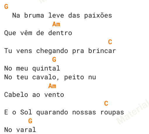 Trecho real da apostila: letra de Anunciação com os acordes G, Am e C destacados em laranja